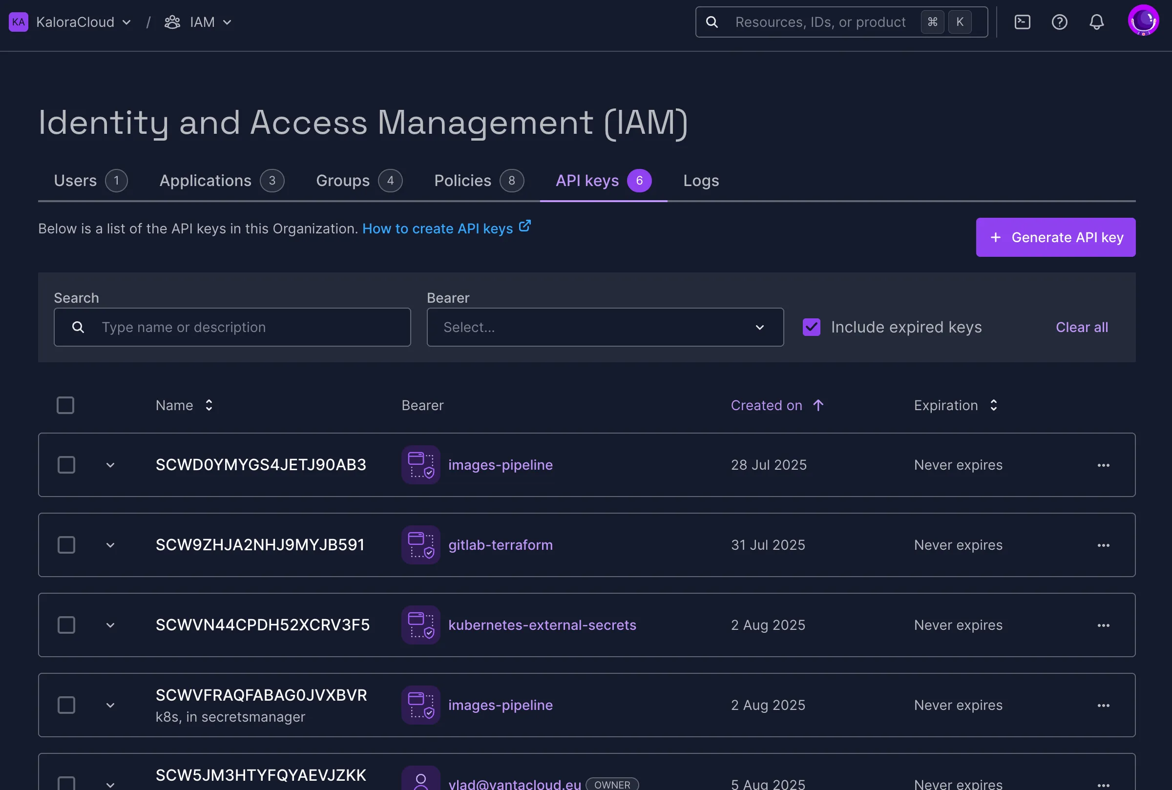 Navigating to the API keys tab and clicking Generate API key.