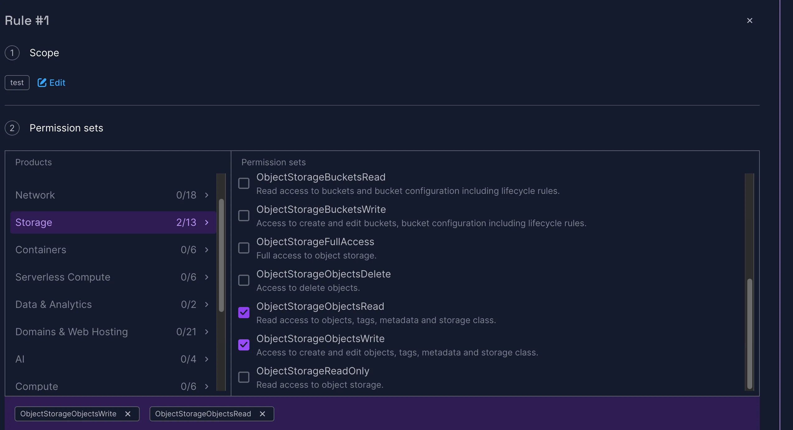 Selecting read and write permissions for Object Storage objects.