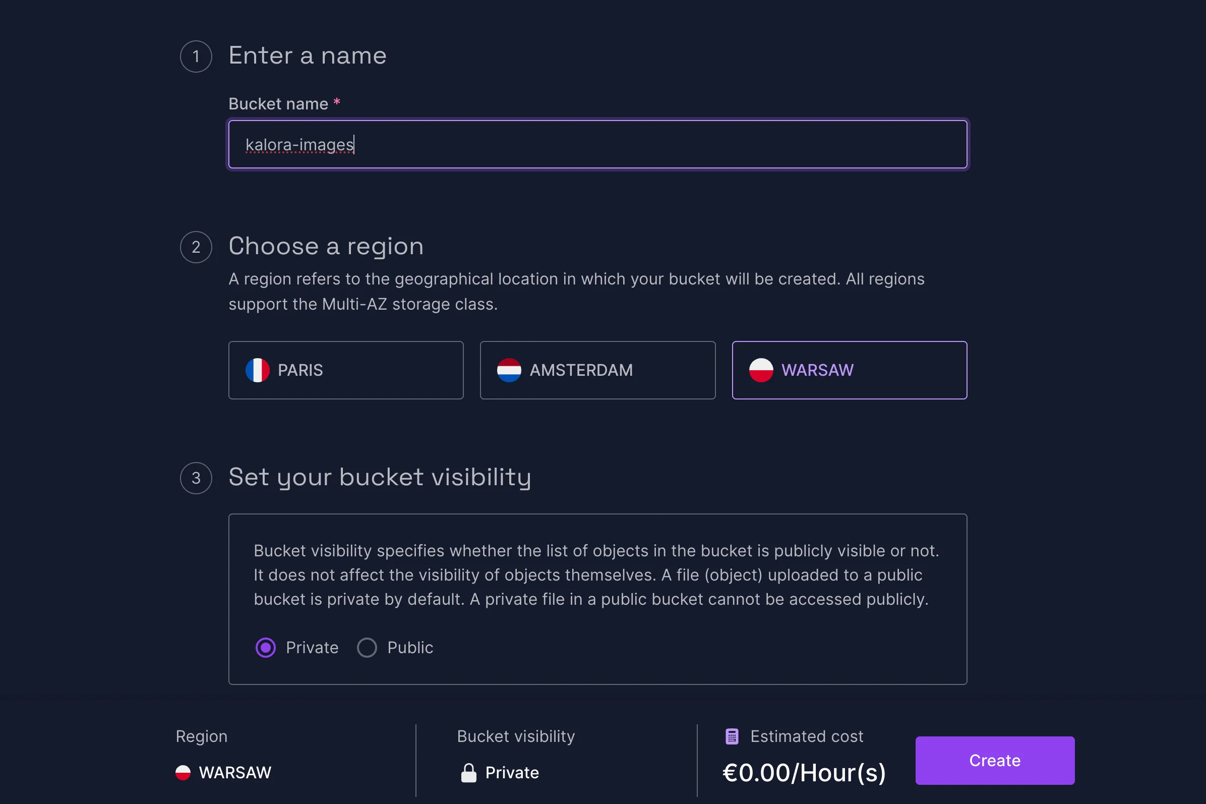 Configuring and creating a new private Object Storage bucket.